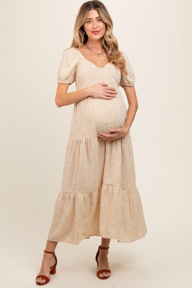 yellow ditsy floral tiered maternity midi dress