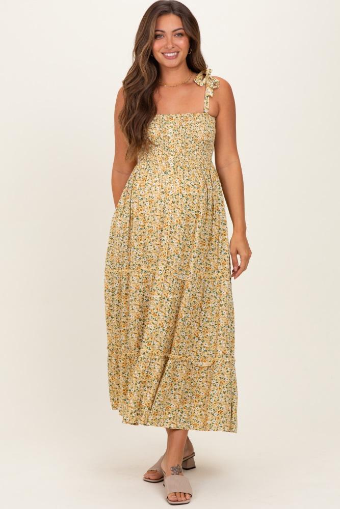 yellow floral button down shoulder tie maternity maxi dress