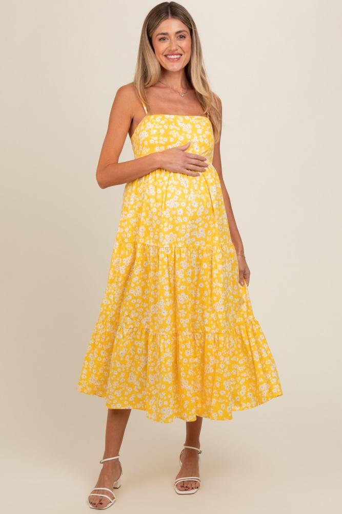 yellow floral cutout tie back maternity midi dress
