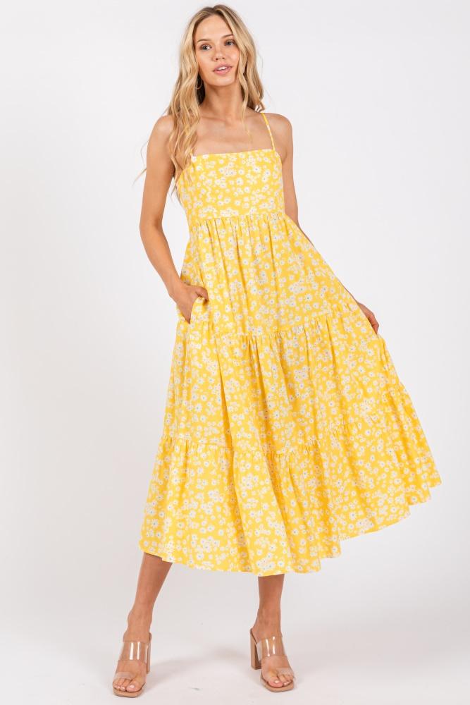 yellow floral cutout tie back midi dress