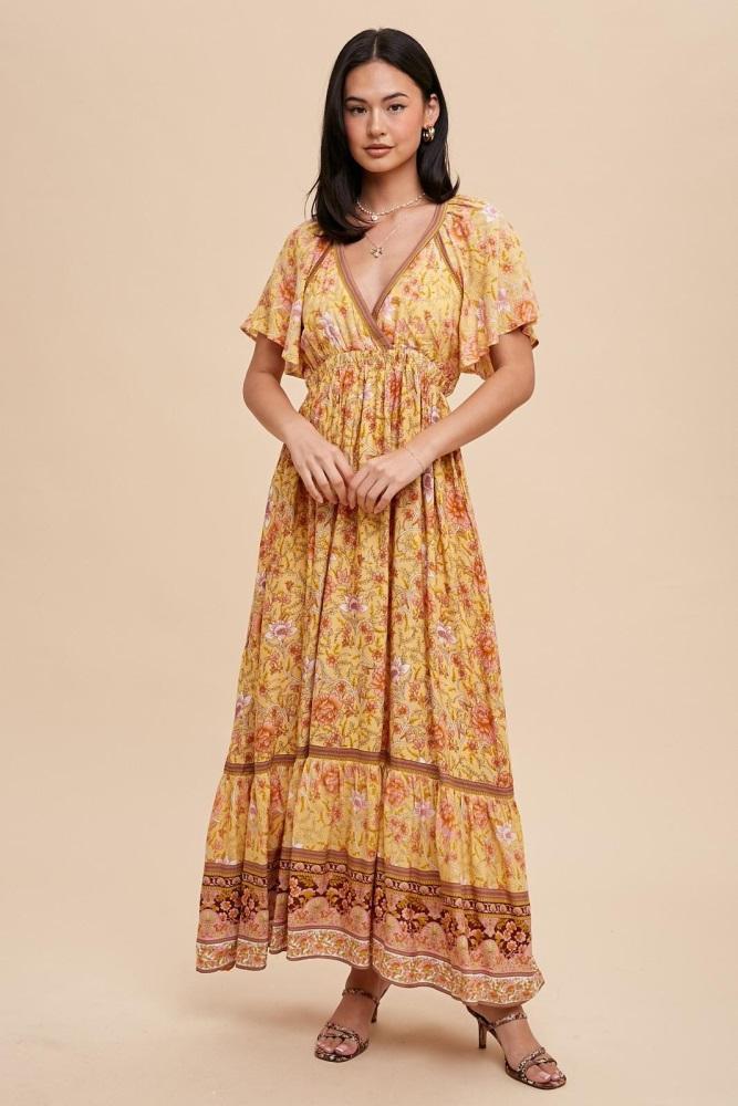 yellow floral flounce sleeve maxi dress