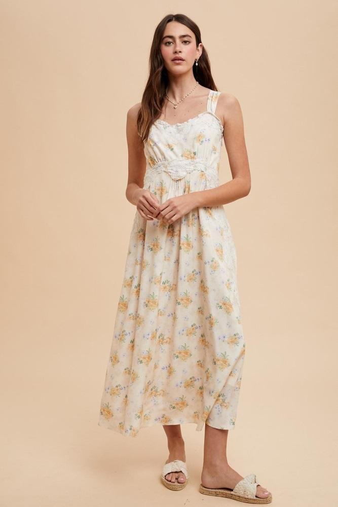 yellow floral lace overlay maxi dress