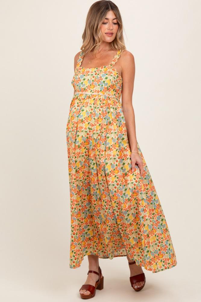 yellow floral scallop detail sleeveless maternity maxi dress