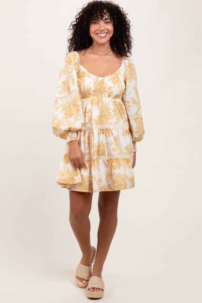 yellow floral smocked bubble sleeve tiered dress