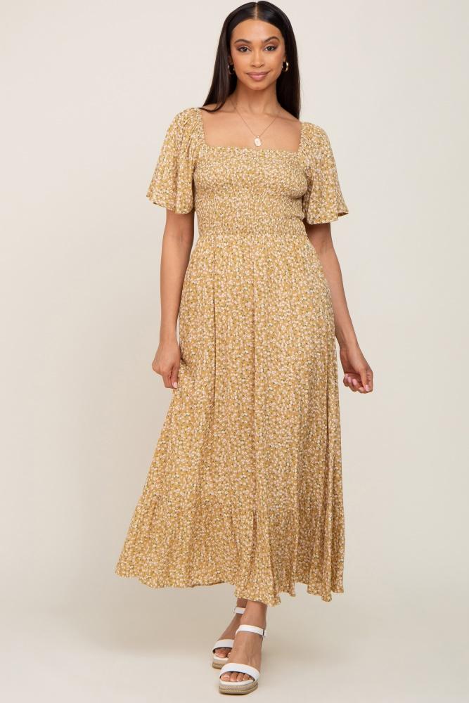yellow floral smocked flounce sleeve maxi dress