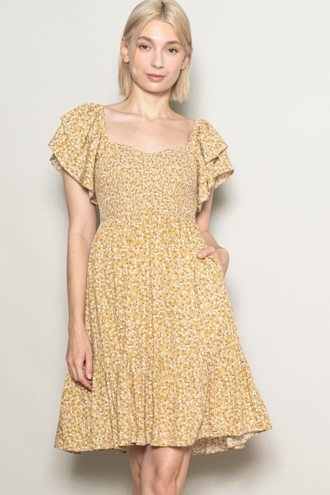 yellow floral smocked flutter sleeve dress