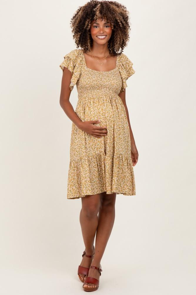 yellow floral smocked flutter sleeve maternity dress