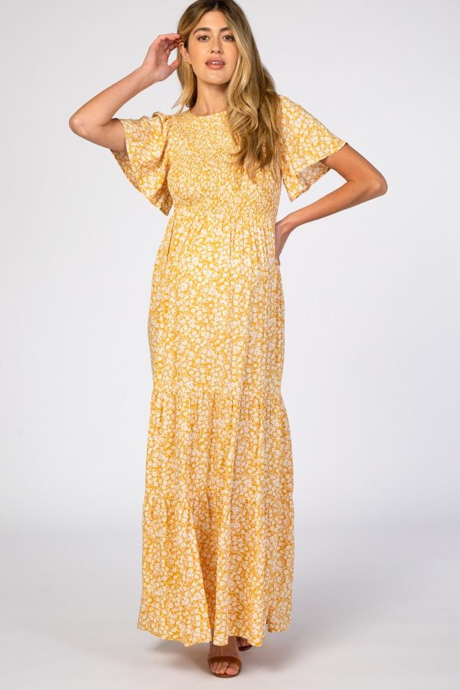 yellow floral smocked front pleated hem maternity maxi dress