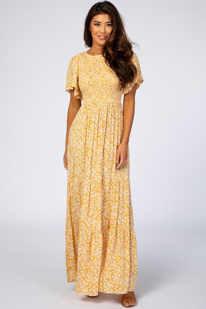 yellow floral smocked front pleated hem maxi dress