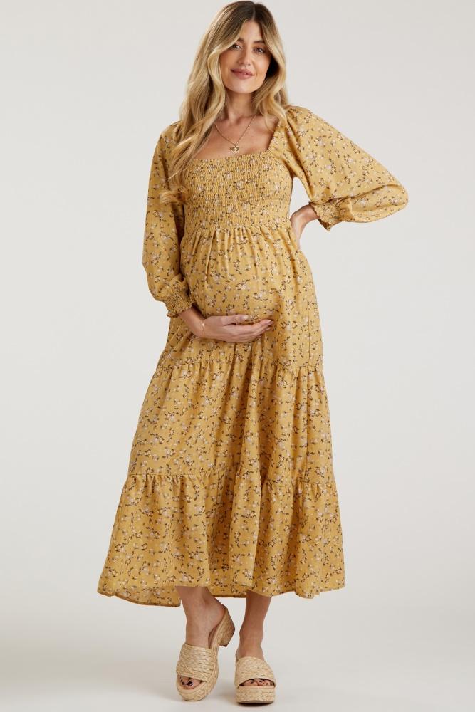 yellow floral smocked long sleeve maternity maxi dress