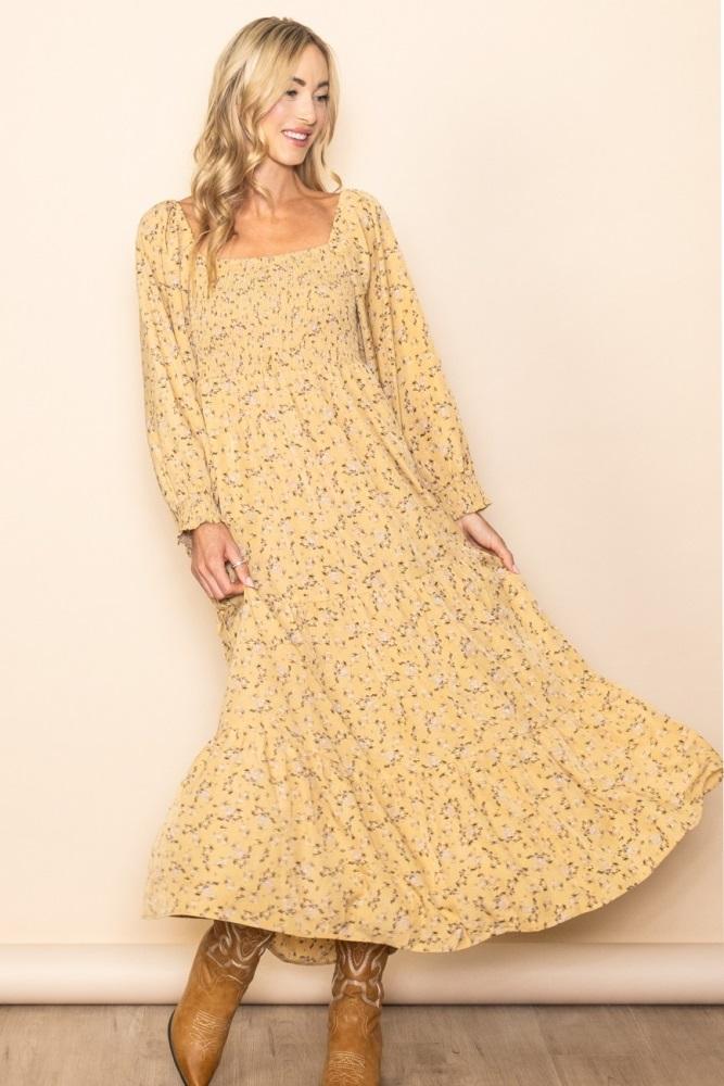 yellow floral smocked long sleeve maxi dress