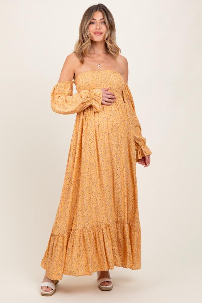 yellow floral smocked off shoulder maternity maxi dress