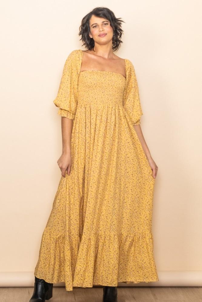 yellow floral smocked off shoulder maxi dress