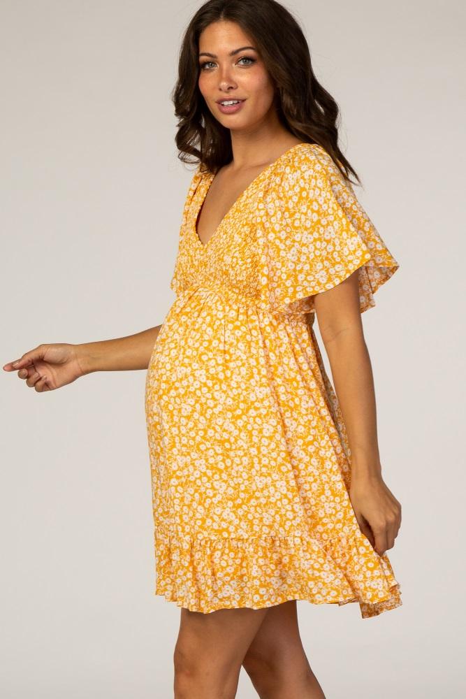 yellow floral smocked ruffle maternity dress