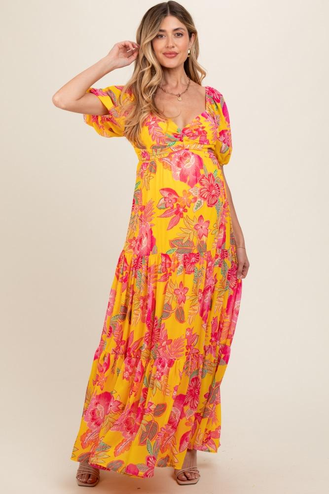 yellow floral sweetheart neck tiered maternity maxi dress