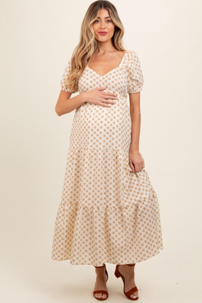 yellow floral tiered maternity maxi dress
