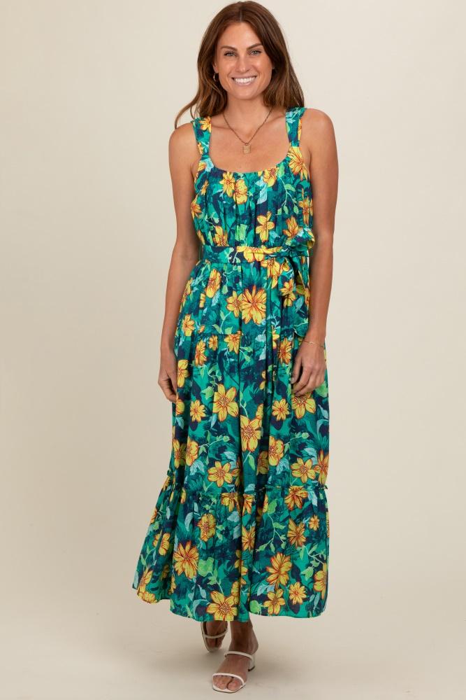 yellow floral tiered sash tie midi dress