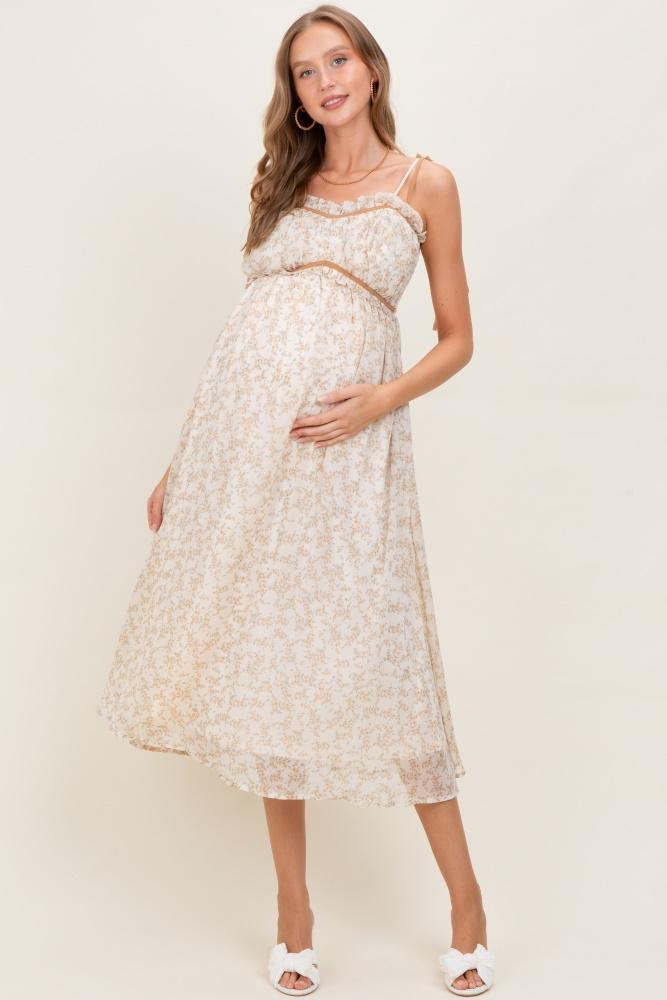 yellow garden floral printed smocking maternity maxi dress