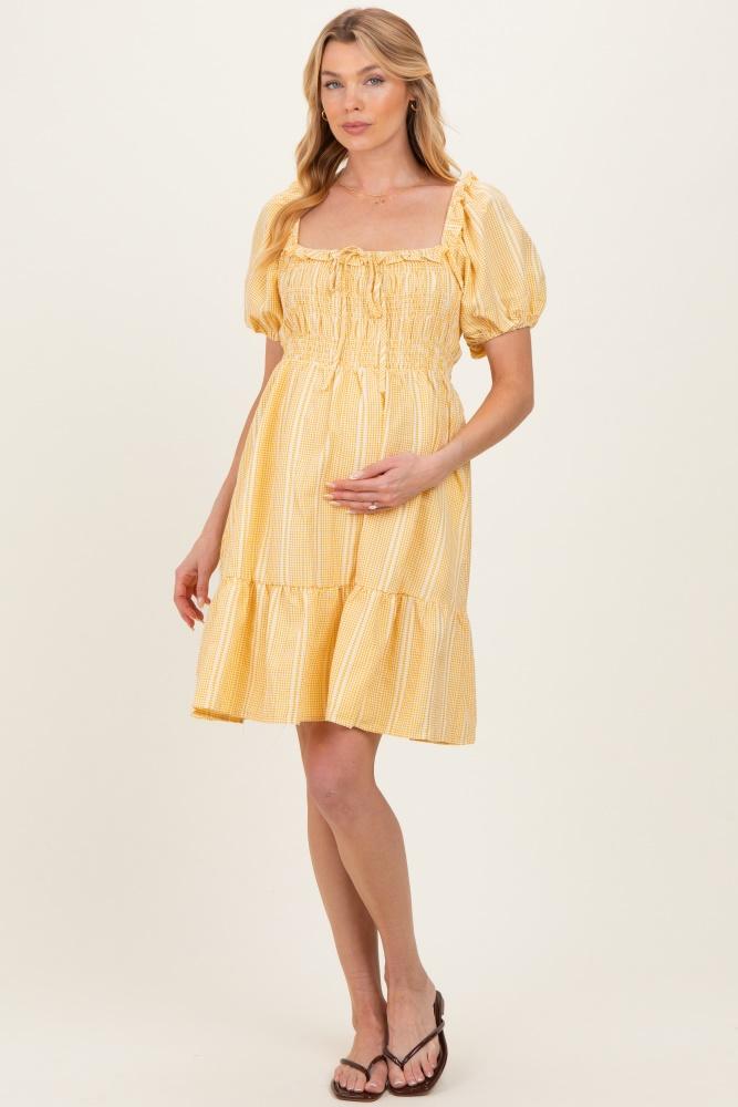 yellow gingham smocked ruffled puff sleeve maternity dress