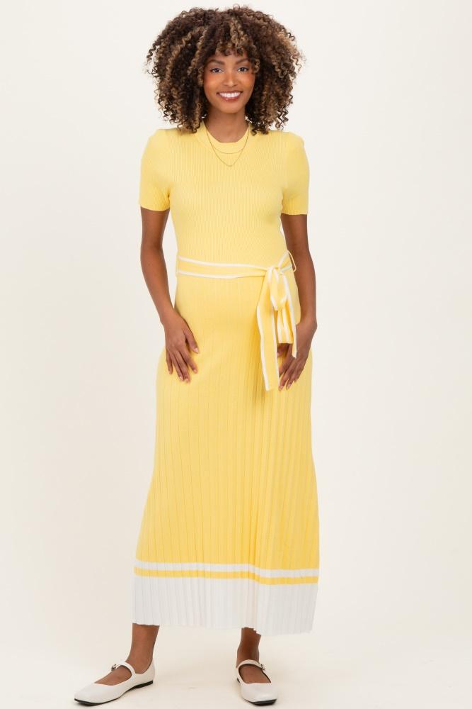 yellow knit pleated sash tie maternity midi dress