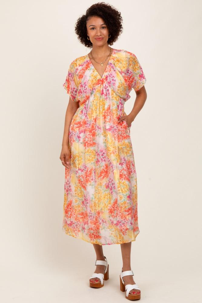 yellow mix textured floral gathered v neck dress