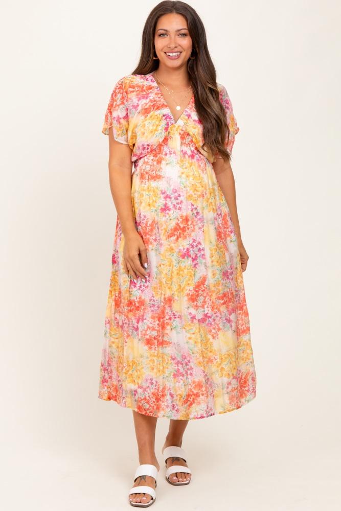 yellow mix textured floral gathered v neck maternity dress