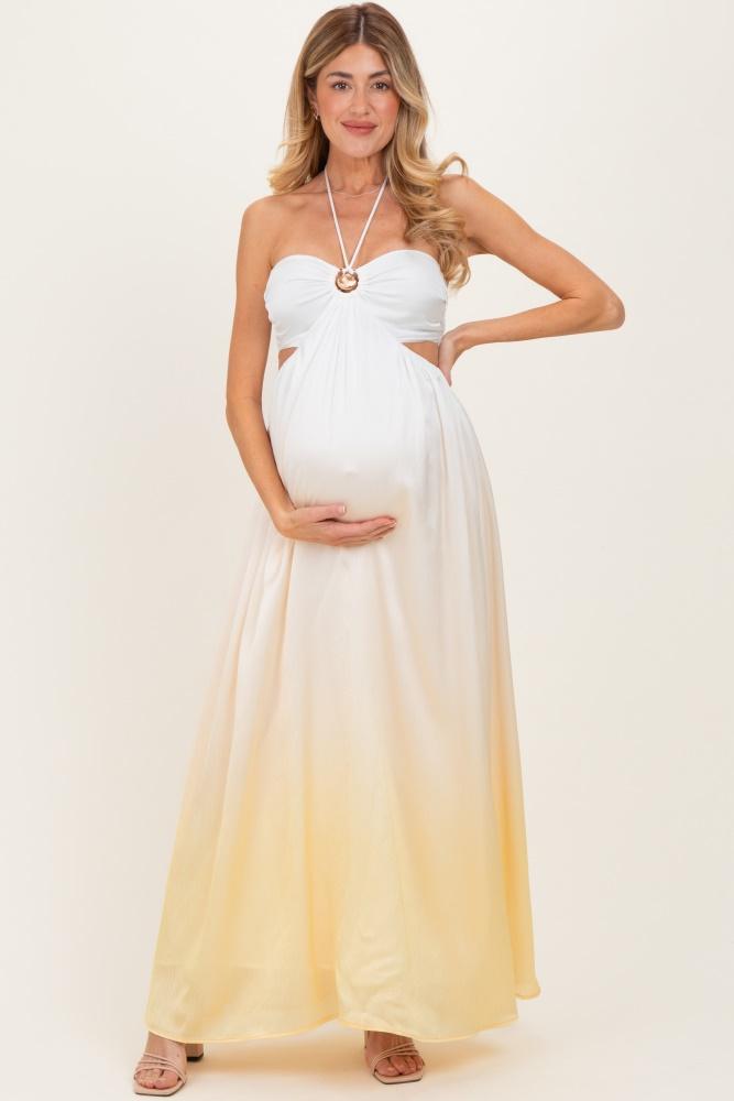 yellow ombre satin halter cutout maternity maxi dress