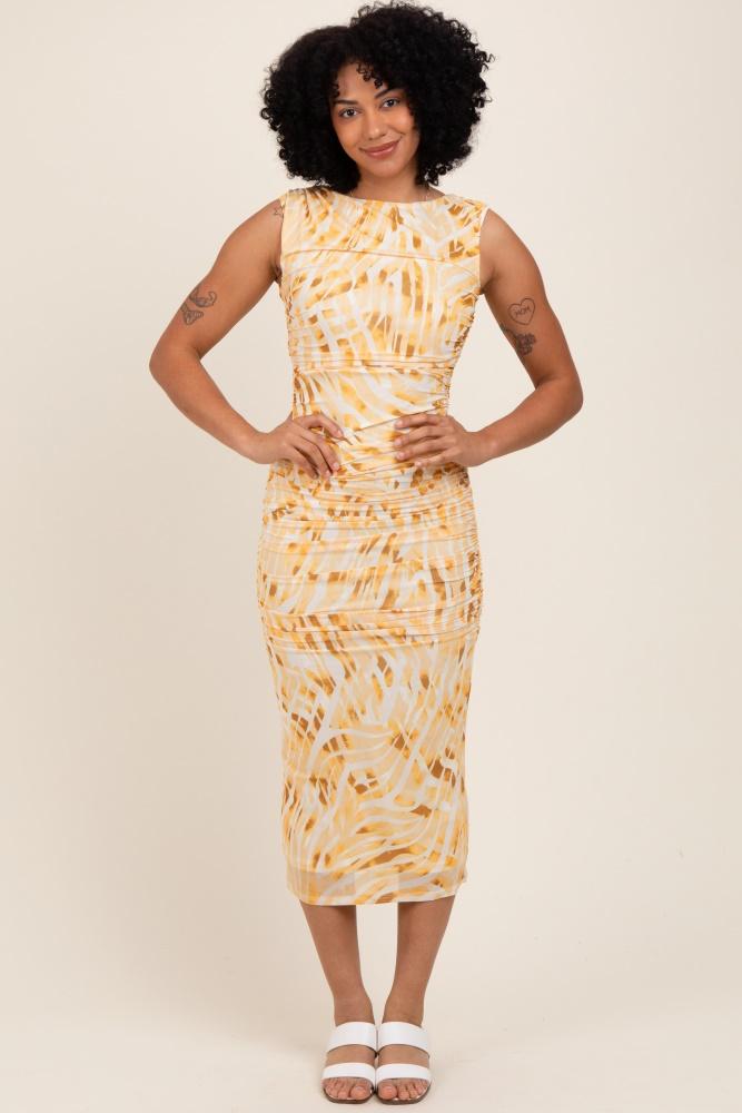 yellow printed ruched sleeveless midi dress