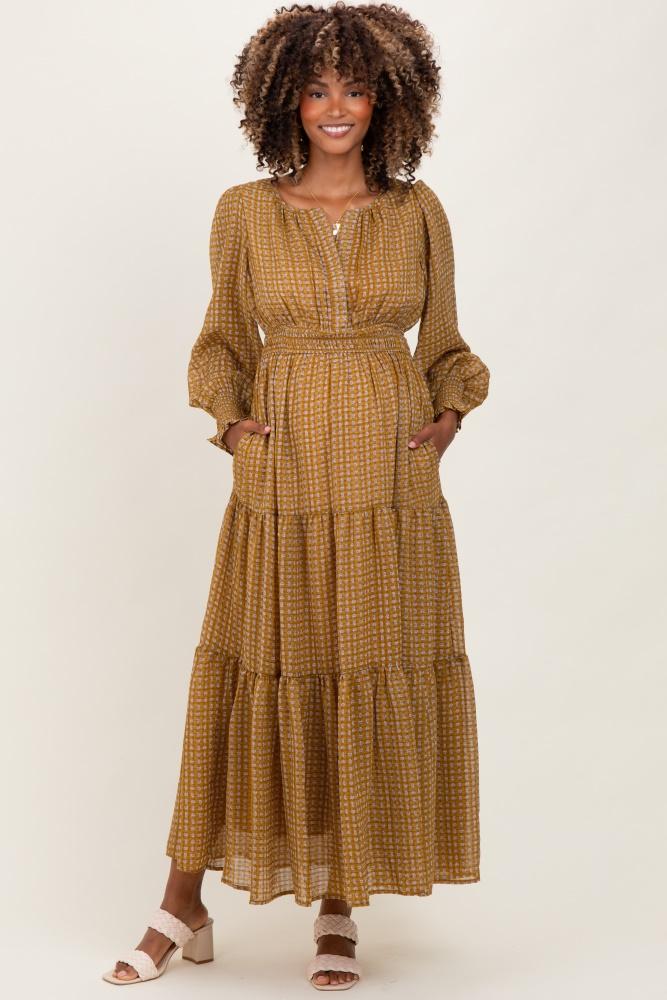 yellow printed smocked waist tiered maternity maxi dress