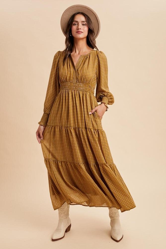 yellow printed smocked waist tiered maxi dress