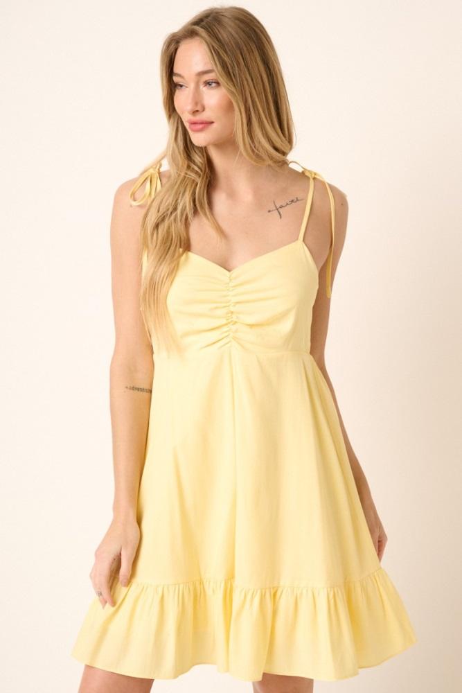 yellow ruched detail spaghetti tie mini dress