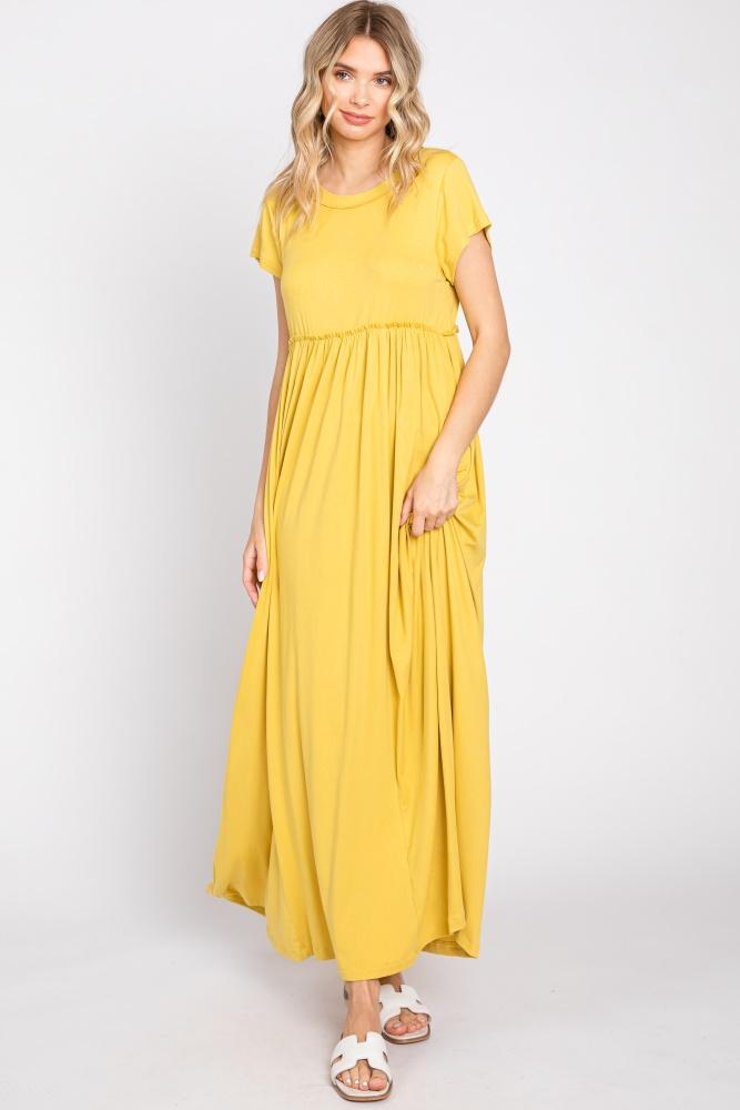 yellow short sleeve pocketed maxi dress