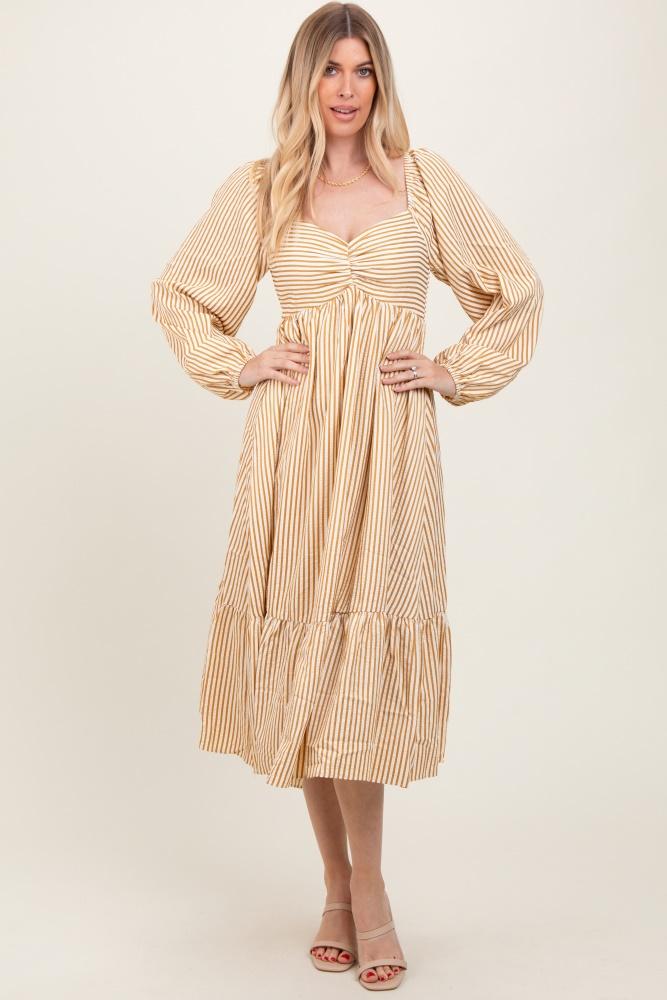 yellow striped ruched bodice balloon sleeved midi dress