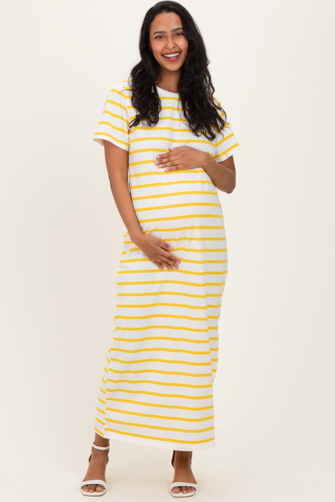 yellow striped side slit maternity maxi dress