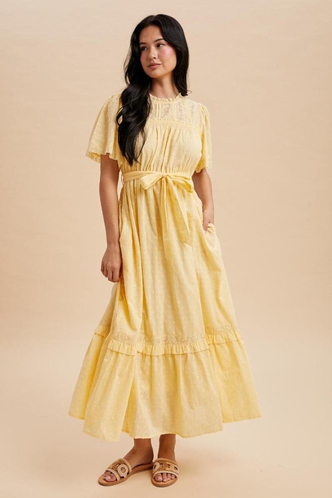 yellow swiss dot flutter sleeve maxi dress