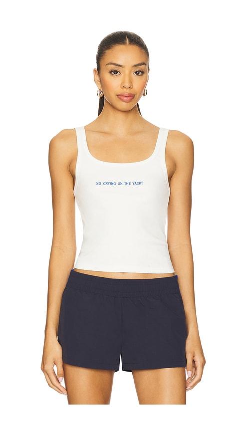 yellow the label no crying tank top in white.