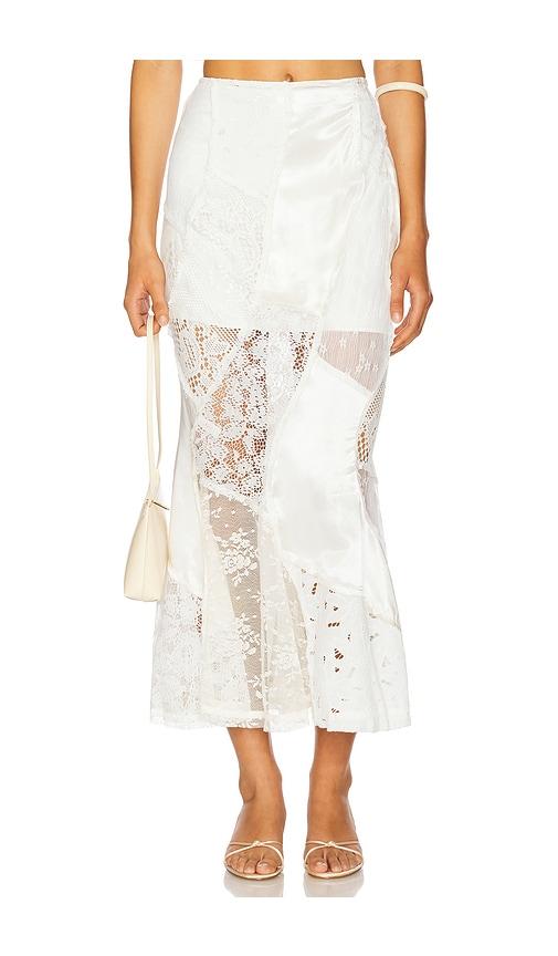 yuhan wang lace patched mermaid skirt in ivory.