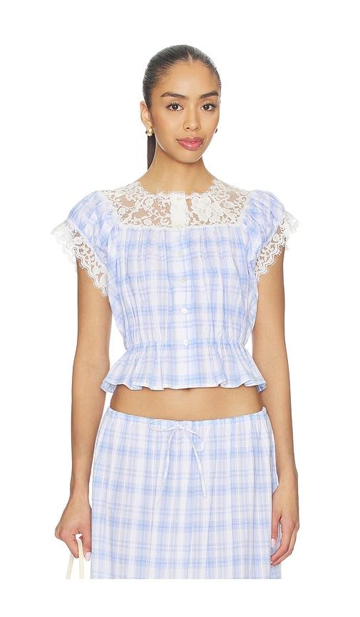 yuhan wang lace trim button check top in blue,white.
