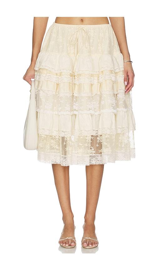 yuhan wang tiered lace ruffle skirt in beige.