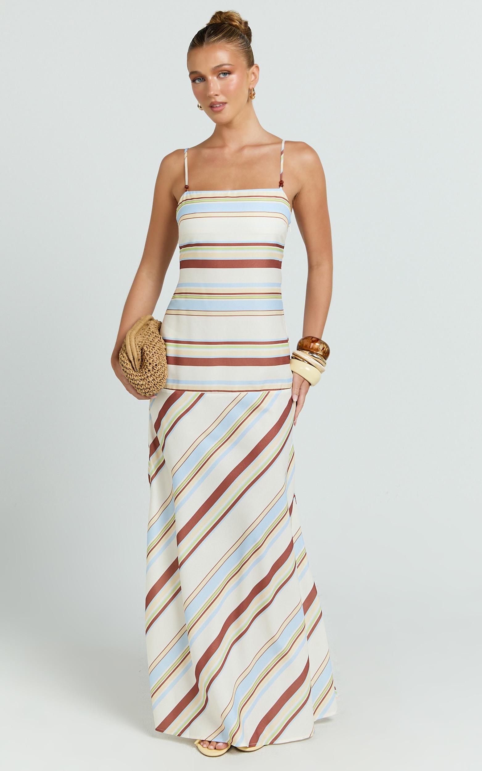 yurika maxi dress - square neck stripe print slip dress in choco retro stripe