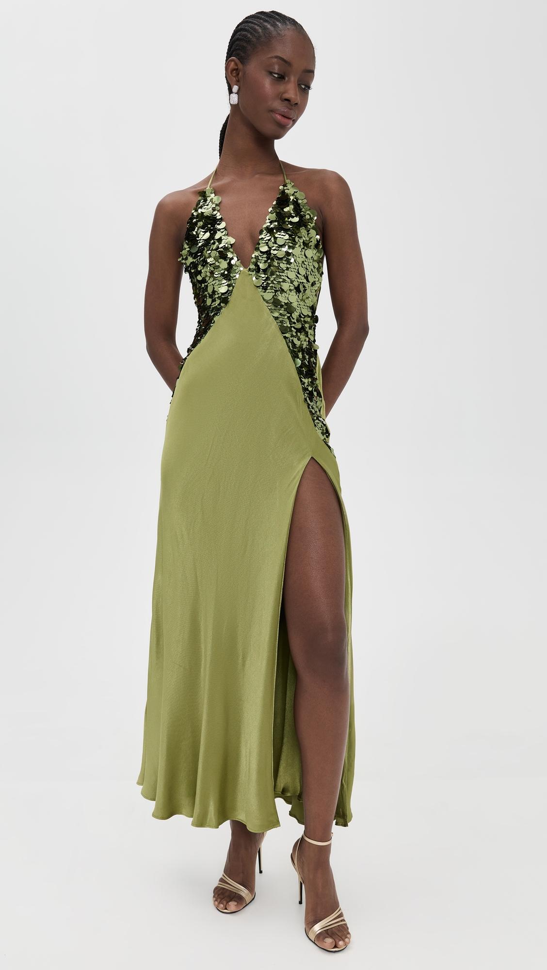 yve sequin satin halter dress