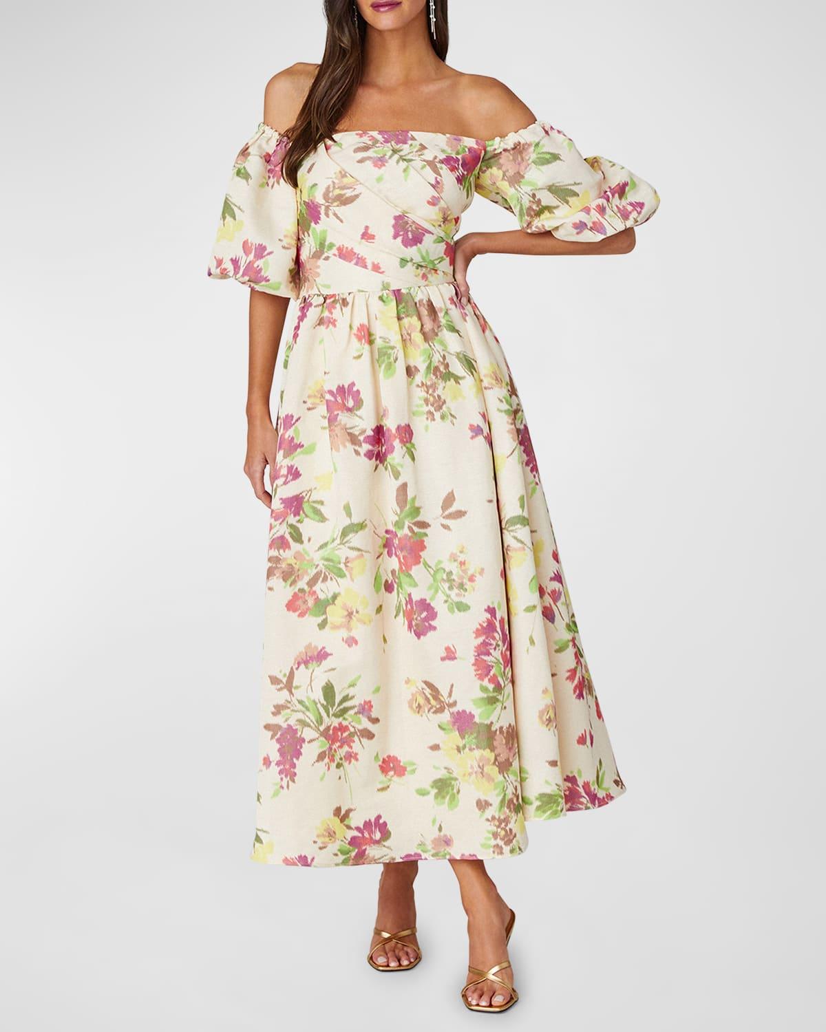 zarah pleated off-shoulder jacquard midi dress