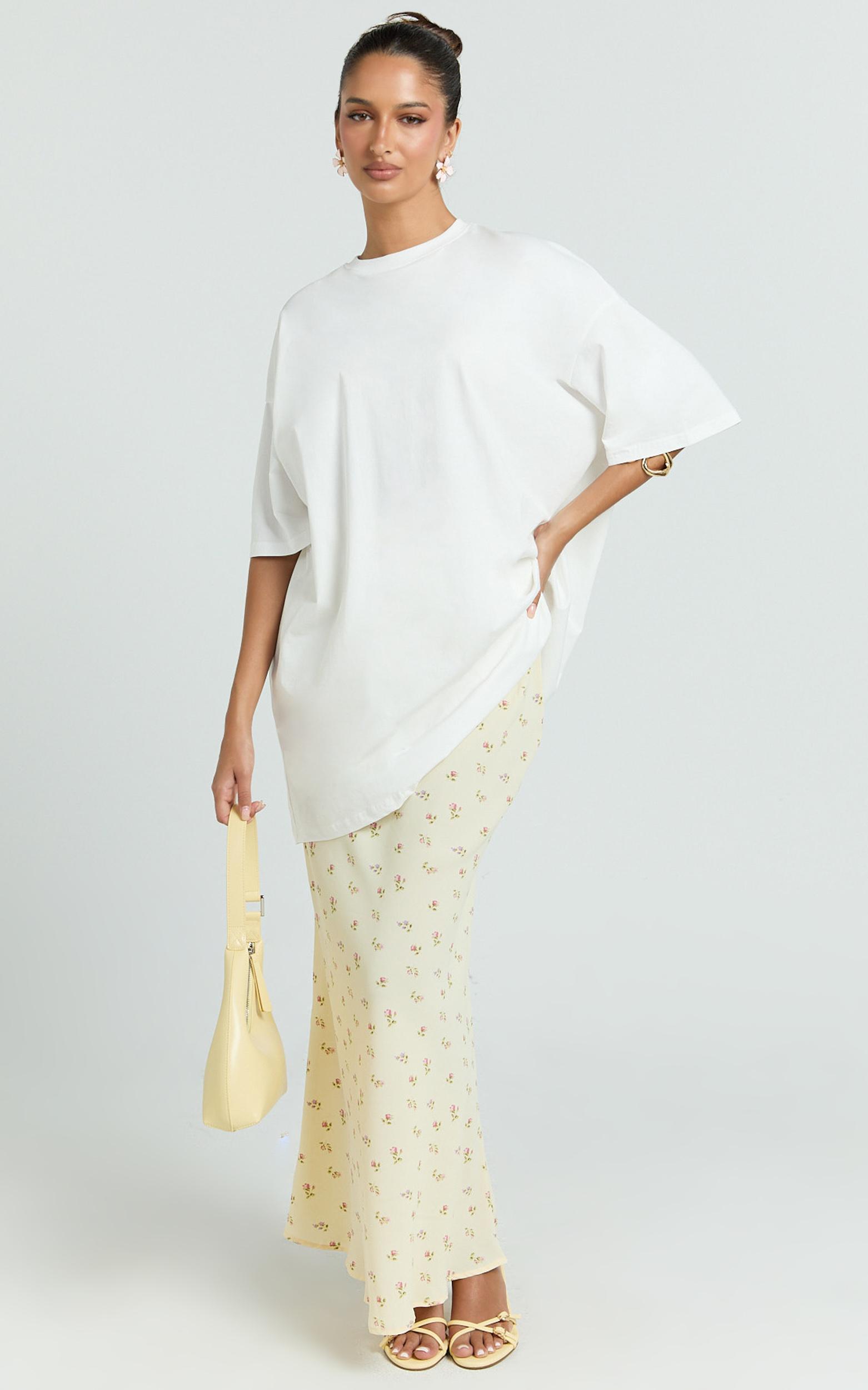 zaya two piece set - oversized tee and floral sheer skirt set in white and yellow