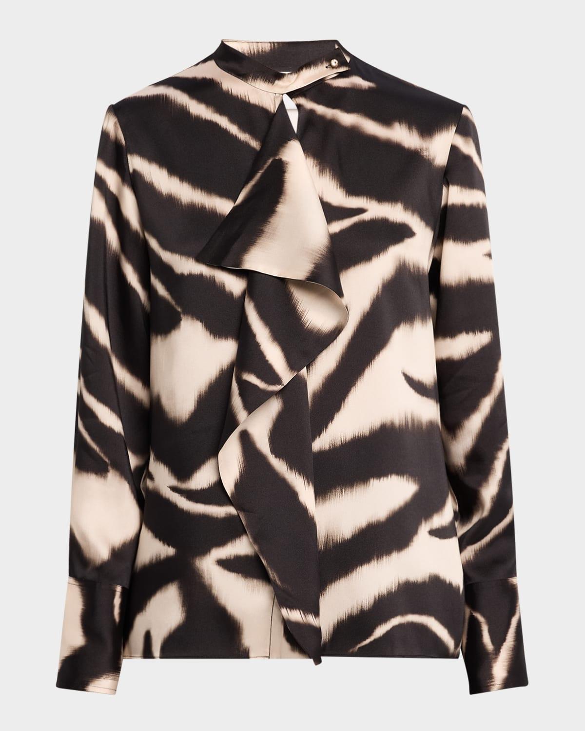 zebra-print ruffle long-sleeve blouse