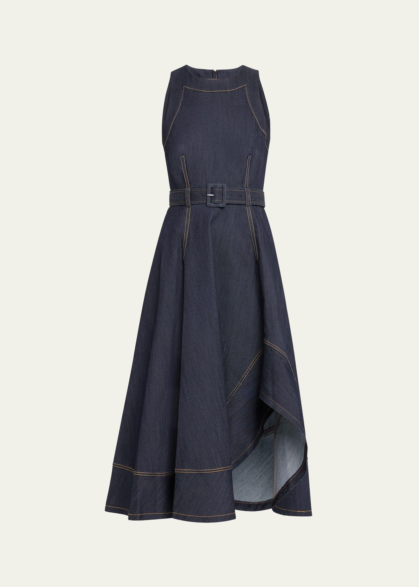 zelda belted asymmetric sleeveless denim midi dress