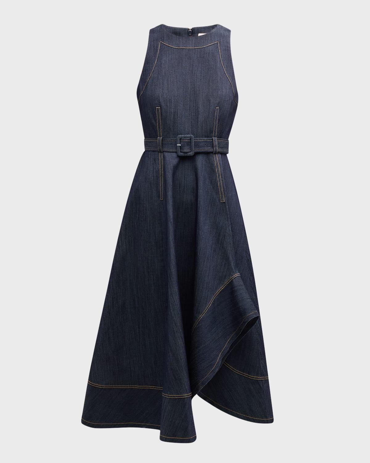 zelda belted asymmetric sleeveless denim midi dress
