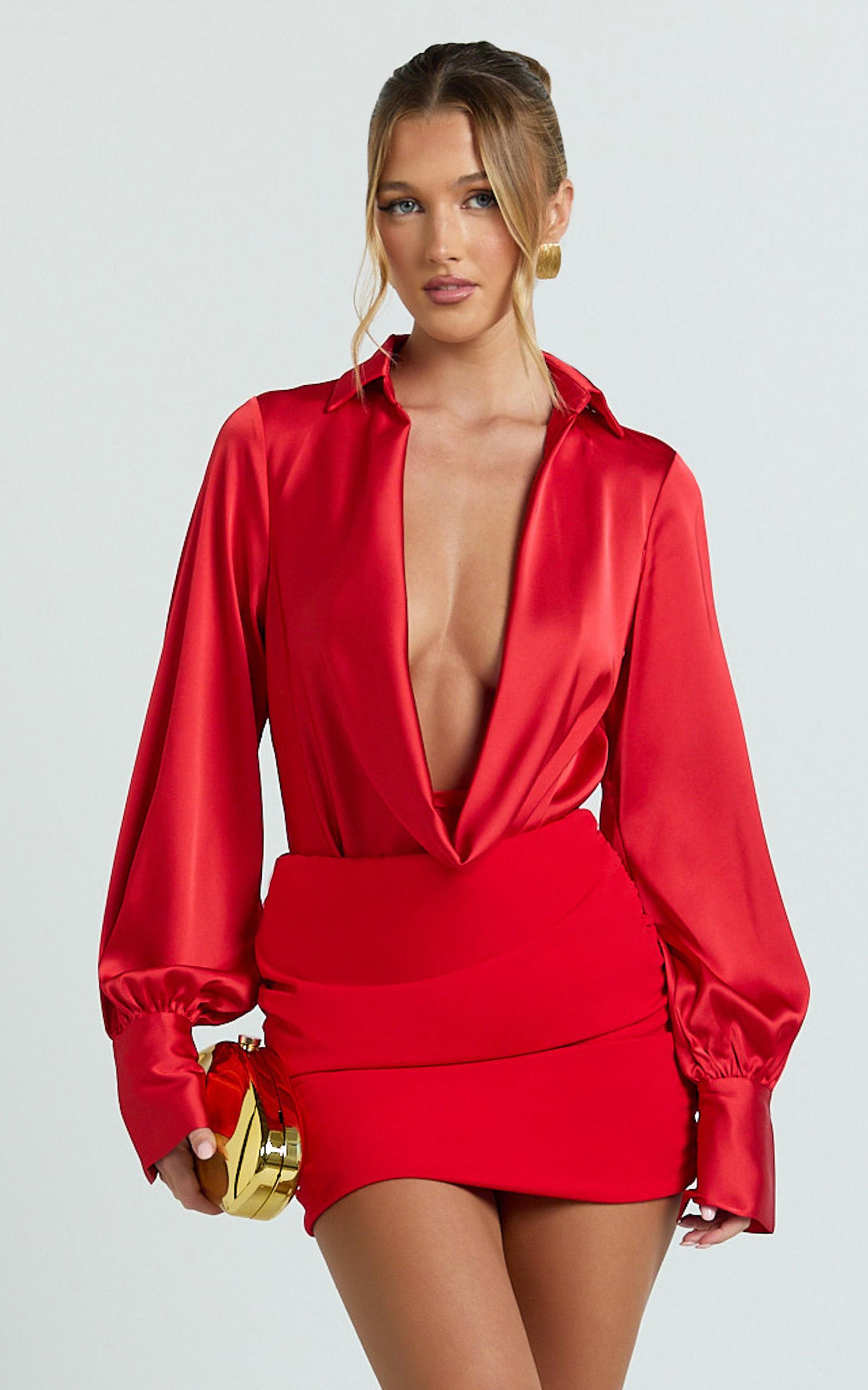 zephyr bodysuit - plunge neck cowl bodysuit in red