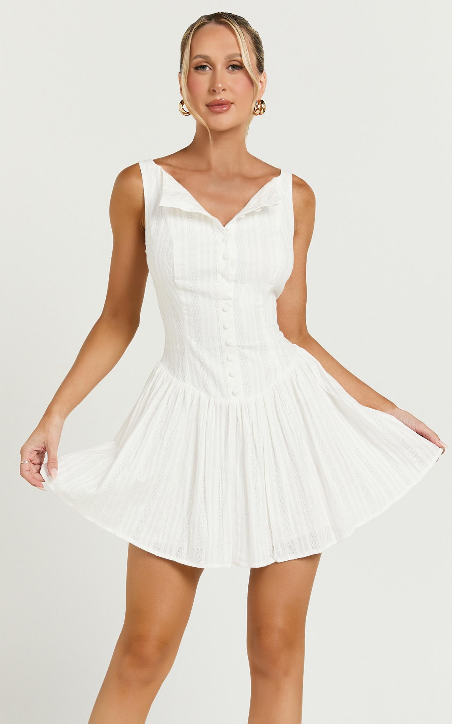 zhai mini dress - high neck button through dress in ivory
