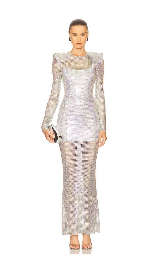 zhivago shimmer gown in metallic silver.