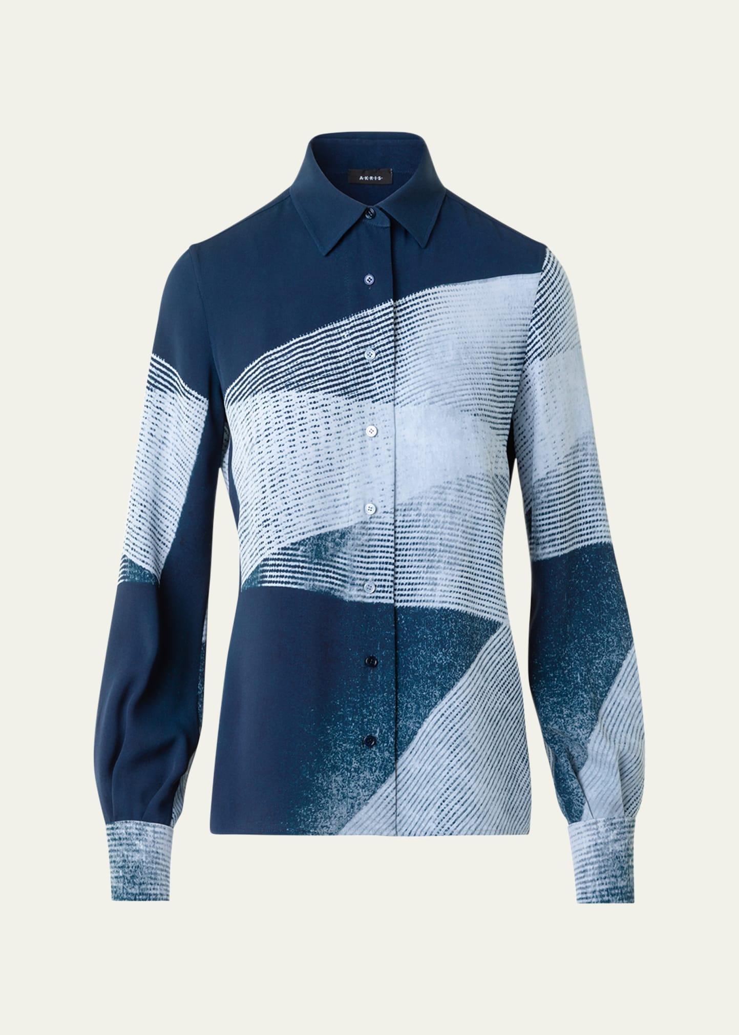 zigzag print silk crepe button-down blouse